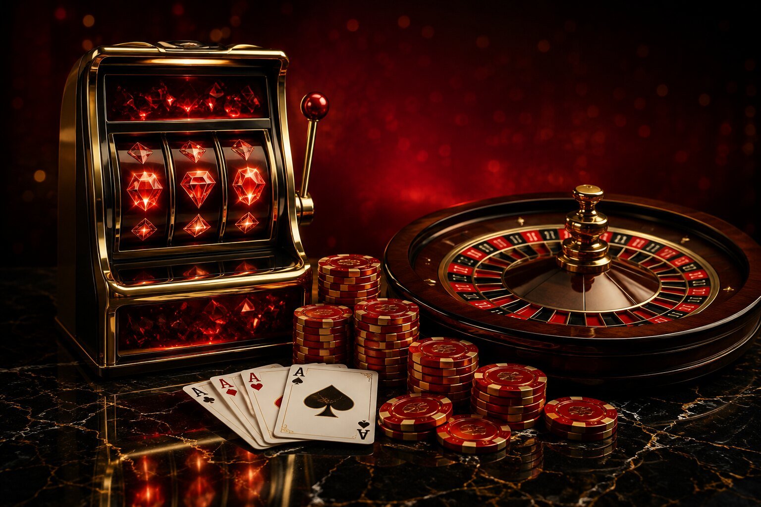 Casino slot machine, roulette, poker cards and red gold chips