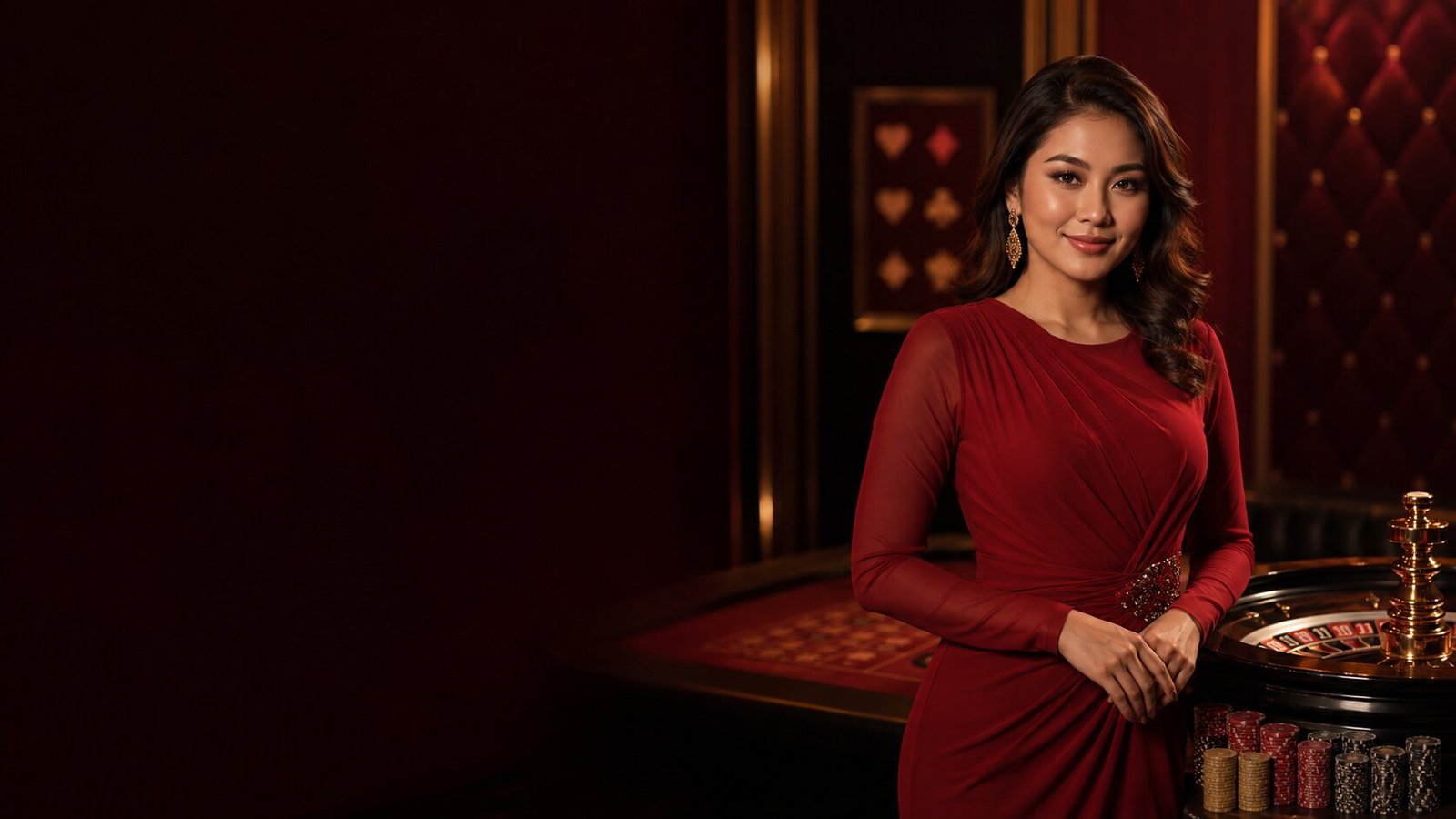 Luxury red and gold casino scene with elegant hostess and roulette table